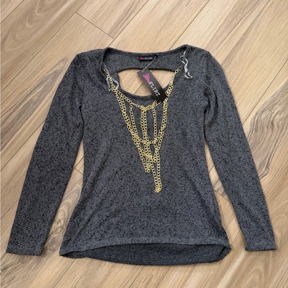 Ultra Flirt Charcoal Long Sleeve Top with Gold Chain Accent - Picture 2 of 6